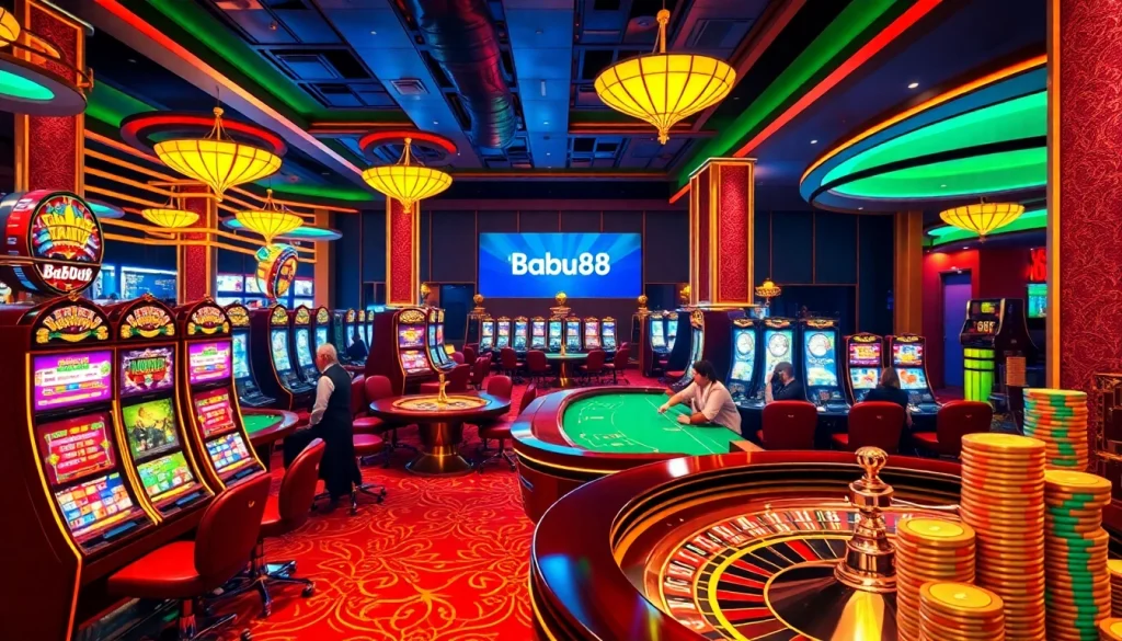 Babu88 casino scene with poker tables, roulette wheel, and online betting interface.