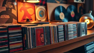 Showcase of audio CD collection with vibrant album covers against a cozy backdrop.