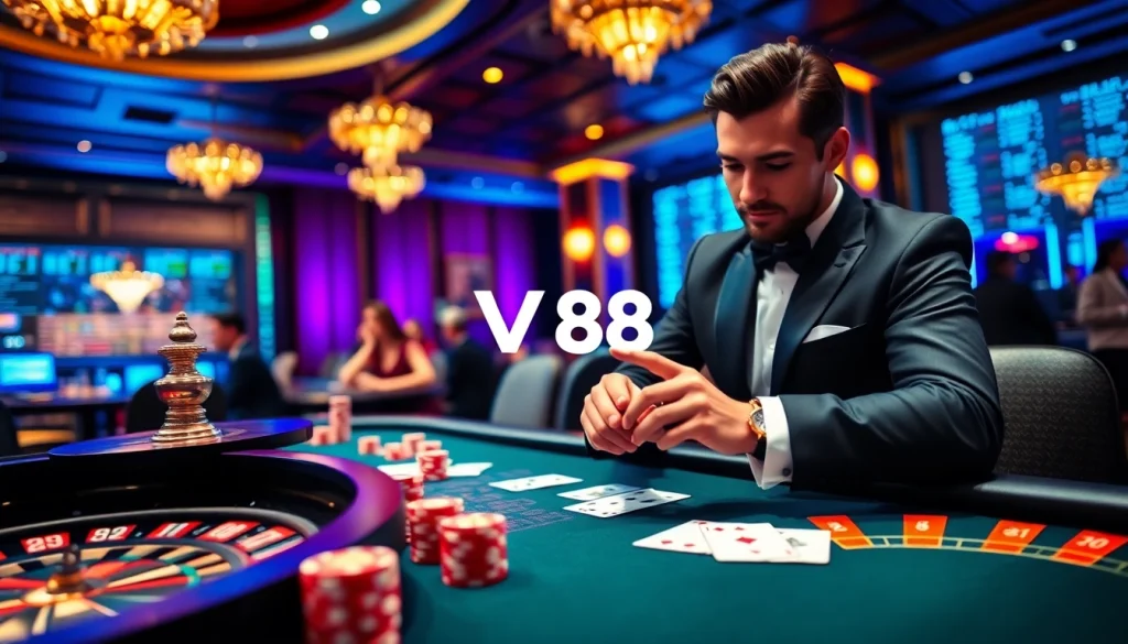 Experience the excitement of VN88 as players engage in high-stakes poker at a vibrant casino table.