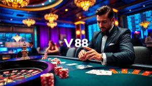 Experience the excitement of VN88 as players engage in high-stakes poker at a vibrant casino table.