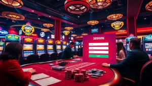 Experience the excitement of 389WIN Login at a bustling casino with vibrant gaming elements.