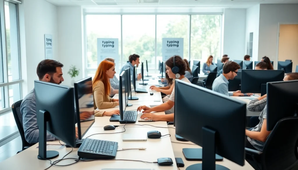 Typing center professionals engaged in work at a modern office, showcasing collaboration and productivity.