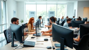Typing center professionals engaged in work at a modern office, showcasing collaboration and productivity.