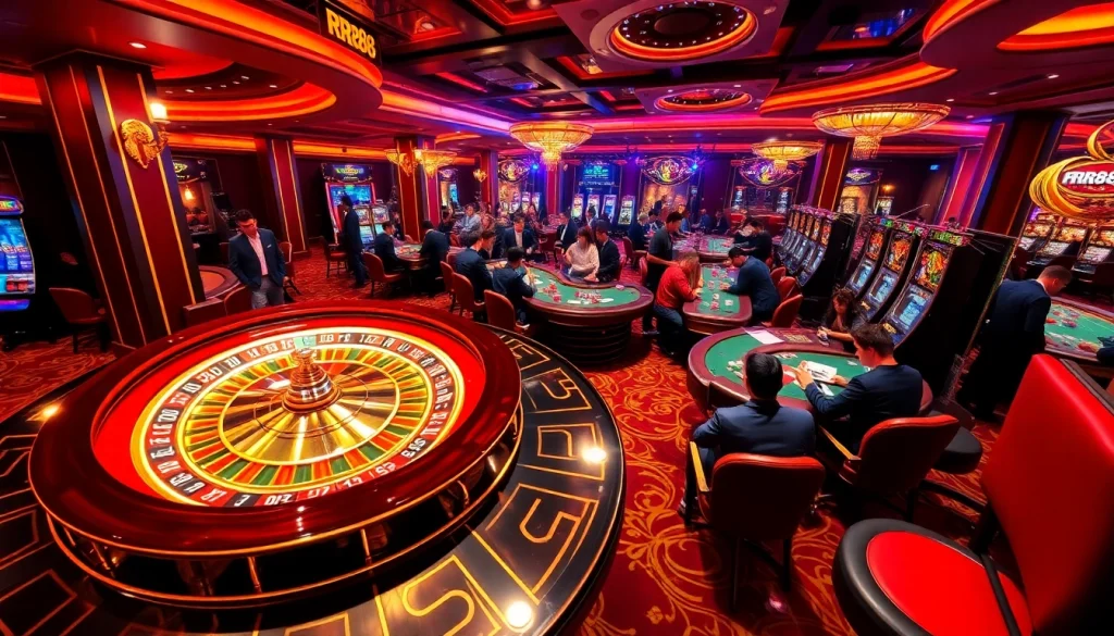 Experience the excitement of gambling at https://rr88.gratis/ with vibrant slot machines and a roulette wheel.