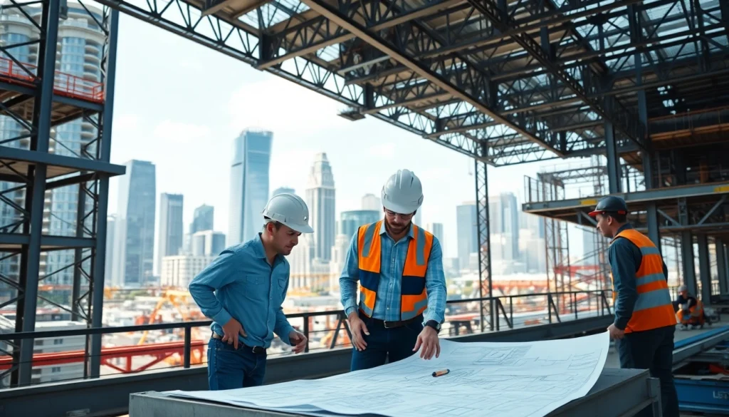 Engineers collaborating on a steel structure design project amidst a modern urban backdrop.