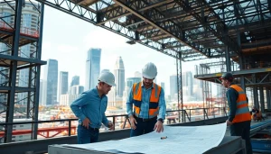 Engineers collaborating on a steel structure design project amidst a modern urban backdrop.
