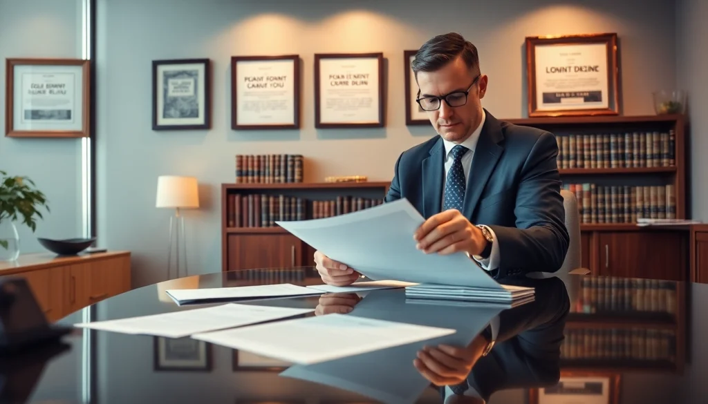 Engaging eminent domain lawyer examining documents in a bright law office.