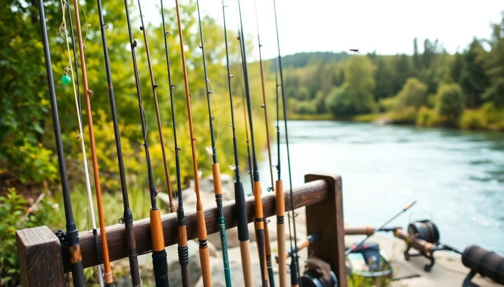 Discover the best fly fishing rods displayed against a scenic riverside backdrop.