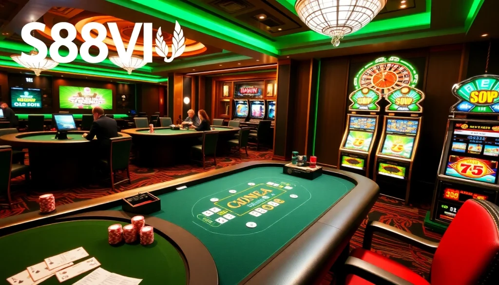 S88VIP online casino experience with vibrant tables and slot machines showcasing gambling excitement.