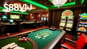 S88VIP online casino experience with vibrant tables and slot machines showcasing gambling excitement.