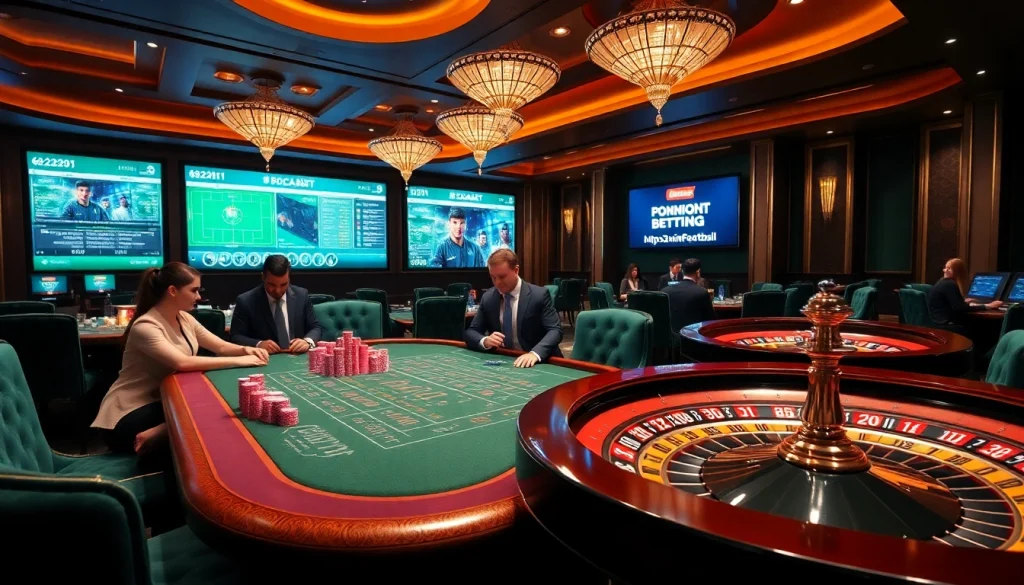 Engaging gamblers at the baccarat table in a vibrant scene of https://32win.football/ with poker chips and roulette.