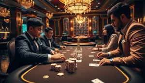 Action-packed poker game at Nhà cái OK365 with vibrant casino atmosphere and professional players.