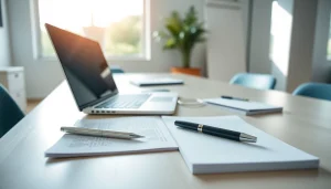 Crafting a professional Cover Letter with a laptop and stationery on a well-organized desk.