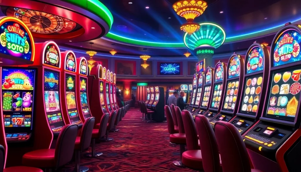 Players enjoying thrilling online slots in a vibrant casino atmosphere with dynamic machines.