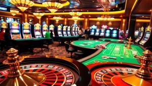 Adegan perjudian yang menampilkan Obraltoto dengan meja kasino yang cerah dan roda roulette yang berputar.