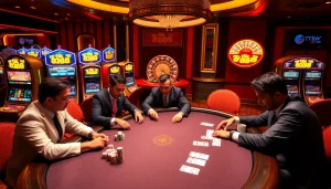 Khung cảnh casino đầy kịch tính của tik 88, với người chơi tại bàn poker cược cao.