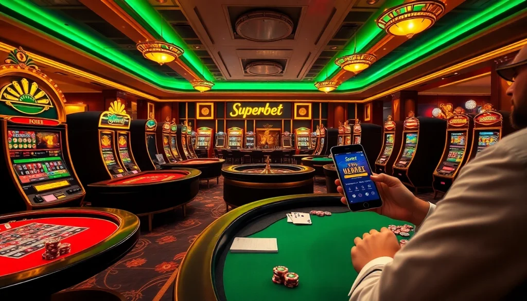 Experience seamless gaming with Superbet Login in a vibrant casino filled with tables and slot machines.
