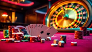 An exciting scene at the casino sunwin88.art with vibrant poker chips, playing cards, and a roulette wheel.
