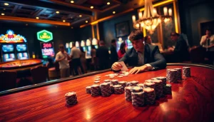 Luck8 gaming scene highlighting poker and roulette, showcasing excitement and luxury.