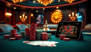 Players enjoying a thrilling game of poker at 79king, surrounded by colorful chips and cards.