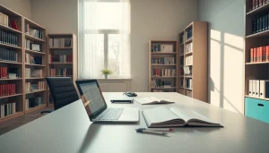 Professional office of a beëdigd vertaler translating documents, showcasing tools and a warm atmosphere.