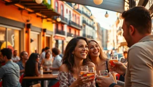 Engaging atmosphere of a social club Madrid with diverse people enjoying fellowship outdoors.
