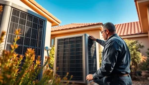 Technician performing expert ac repair phoenix az in a residential setting with a sunny backdrop.