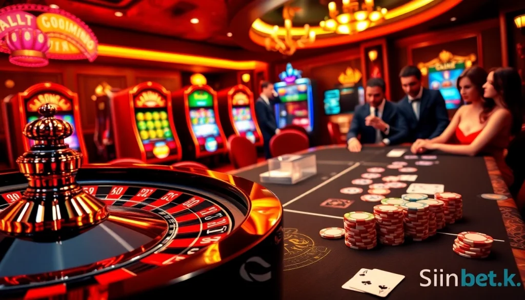 Experience thrilling gameplay at sinbet.ink with an elegant casino scene featuring roulette, poker, and vibrant slot machines.