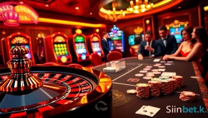 Experience thrilling gameplay at sinbet.ink with an elegant casino scene featuring roulette, poker, and vibrant slot machines.