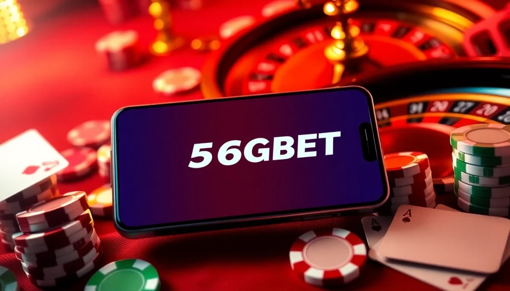 Experience the thrill of the 5GBET App in a vibrant casino scene with poker chips and cards.