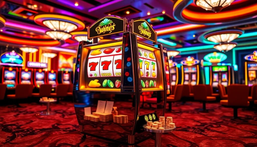 Engage with an exciting Slot Online experience featuring spinning reels and vibrant casino decor.