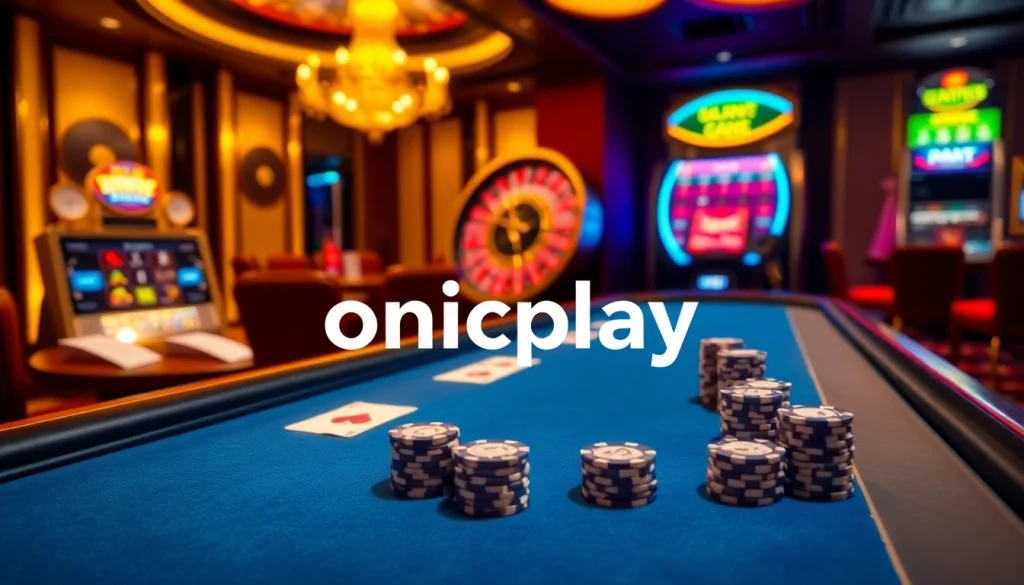 Experience the excitement of onicplay at an upscale casino with vibrant games and elegant decor.