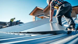 Workers installing metal roofing calgary on a modern home under clear blue skies.