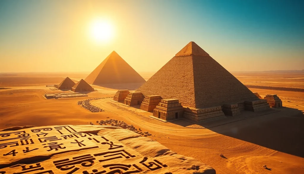 Visitors admire the impressive piraminds against a vibrant sunset backdrop.