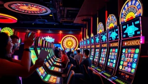 Pemain merasakan sensasi menang di mesin slot pulsa di kasino yang ramai.