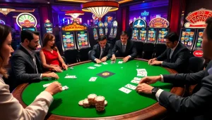 Players strategizing in a high-stakes poker game about NK88, surrounded by vibrant slot machines.