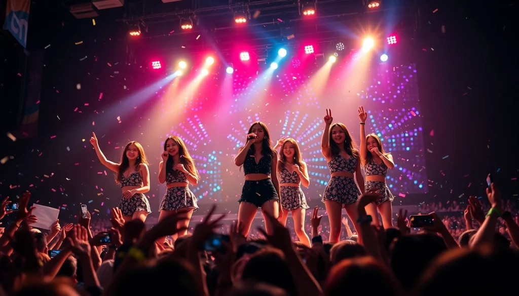 Catch the latest Blackpink news featuring the group's vibrant stage performance adorned with colorful lights.