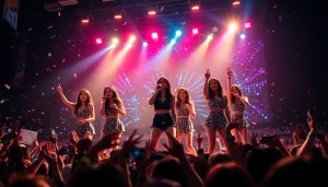 Catch the latest Blackpink news featuring the group's vibrant stage performance adorned with colorful lights.