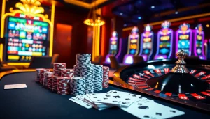Cảnh sôi động tại casino với các đồng chip và lá bài tại https://luck8.net.