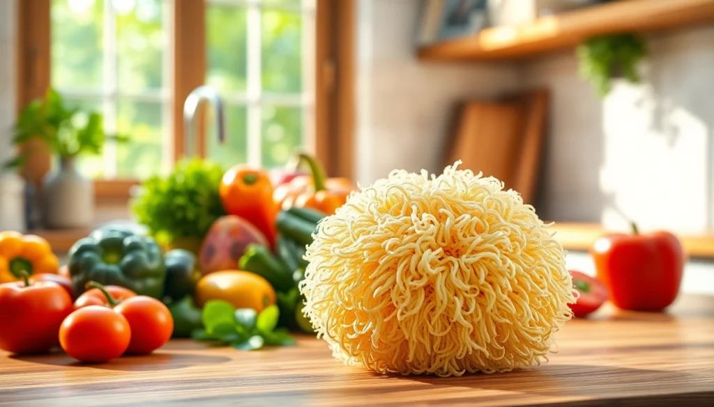 Clean and effective kitchen loofah scrubber on a wooden countertop with fresh produce.