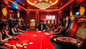 MM88 casino scene with poker tables and slot machines showcasing player excitement.