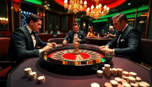 Players enjoying high-stakes poker in a luxurious casino scene at MM88, showcasing excitement and professionalism.