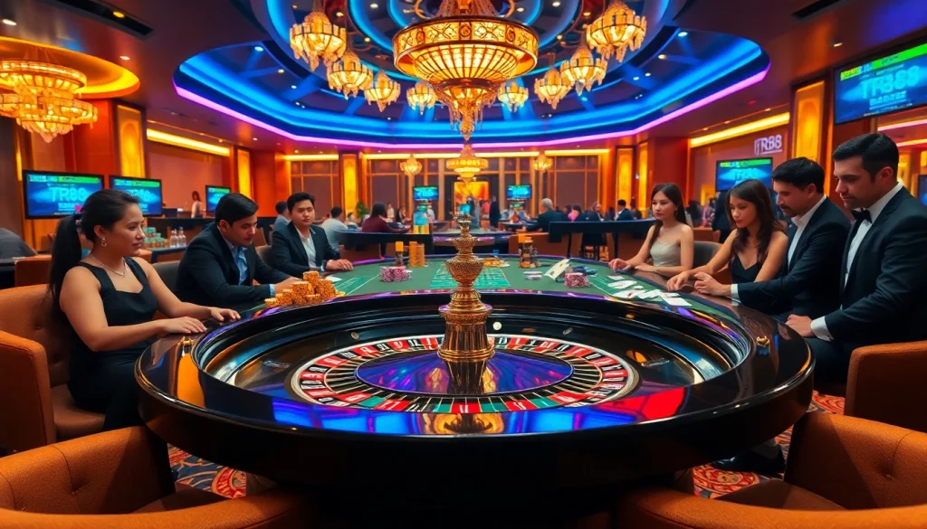 RR88 casino scene with roulette, vibrant players, and luxury ambiance.