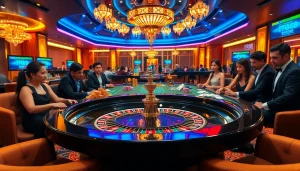 RR88 casino scene with roulette, vibrant players, and luxury ambiance.
