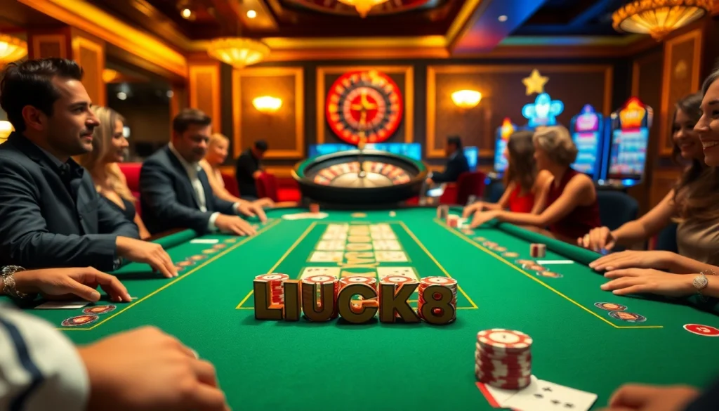 Người chơi ăn mừng chiến thắng tại bàn casino LUCK8 với những đồng chip đầy màu sắc và bộ bài.