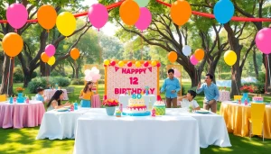 Design a customizable birthday party atmosphere in a lively park featuring bright decorations and joyful interactions.
