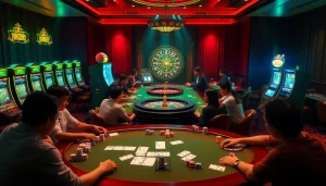 Experience strategic play at mm88 com's vibrant casino tables, complete with cards and colorful chips.