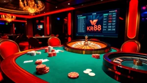 Experience the thrill of online gambling at kjc rr88 with a high-stakes casino ambiance featuring poker and roulette.