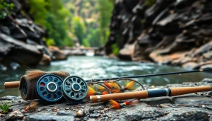 Fly fishing kit with colorful flies and rods on a serene riverbank setting.