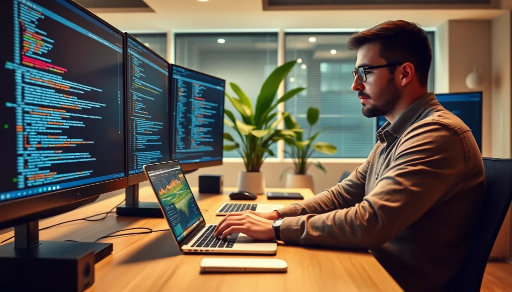 Developer utilizing web scrapping tools on multiple screens in a modern office.